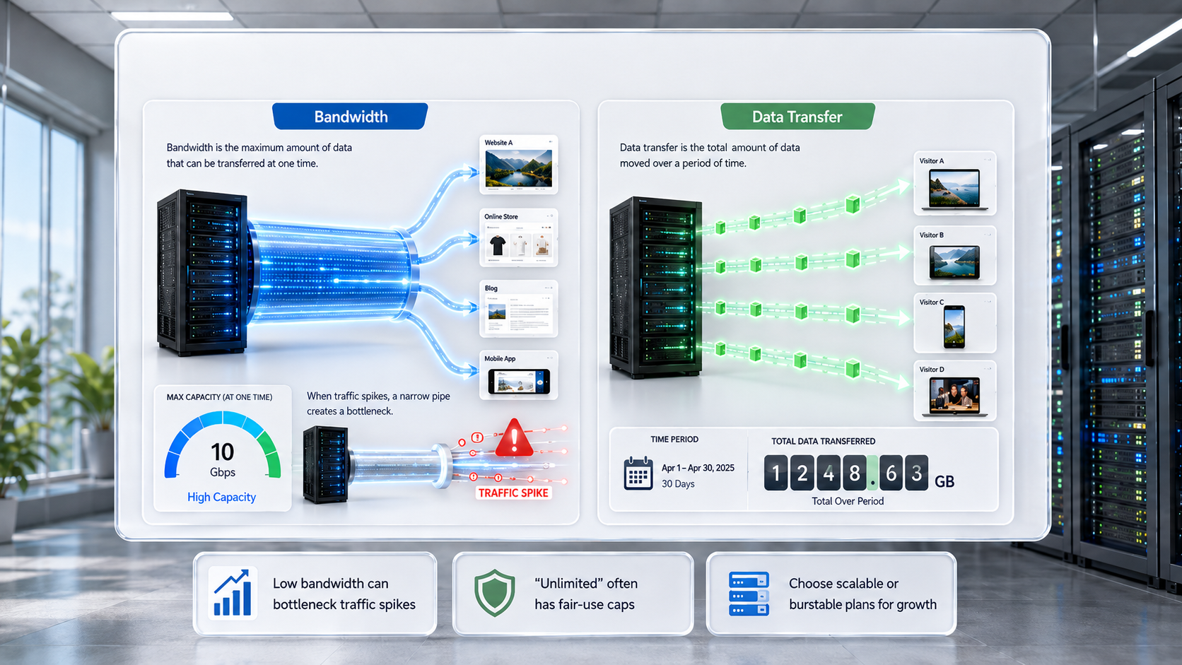 A digital dashboard in a bright data center illustrating the difference between Bandwidth and Data Transfer. The left panel shows bandwidth as a glowing blue pipe demonstrating maximum data capacity and traffic bottlenecks. The right panel tracks total data transfer volume over a 30-day period.