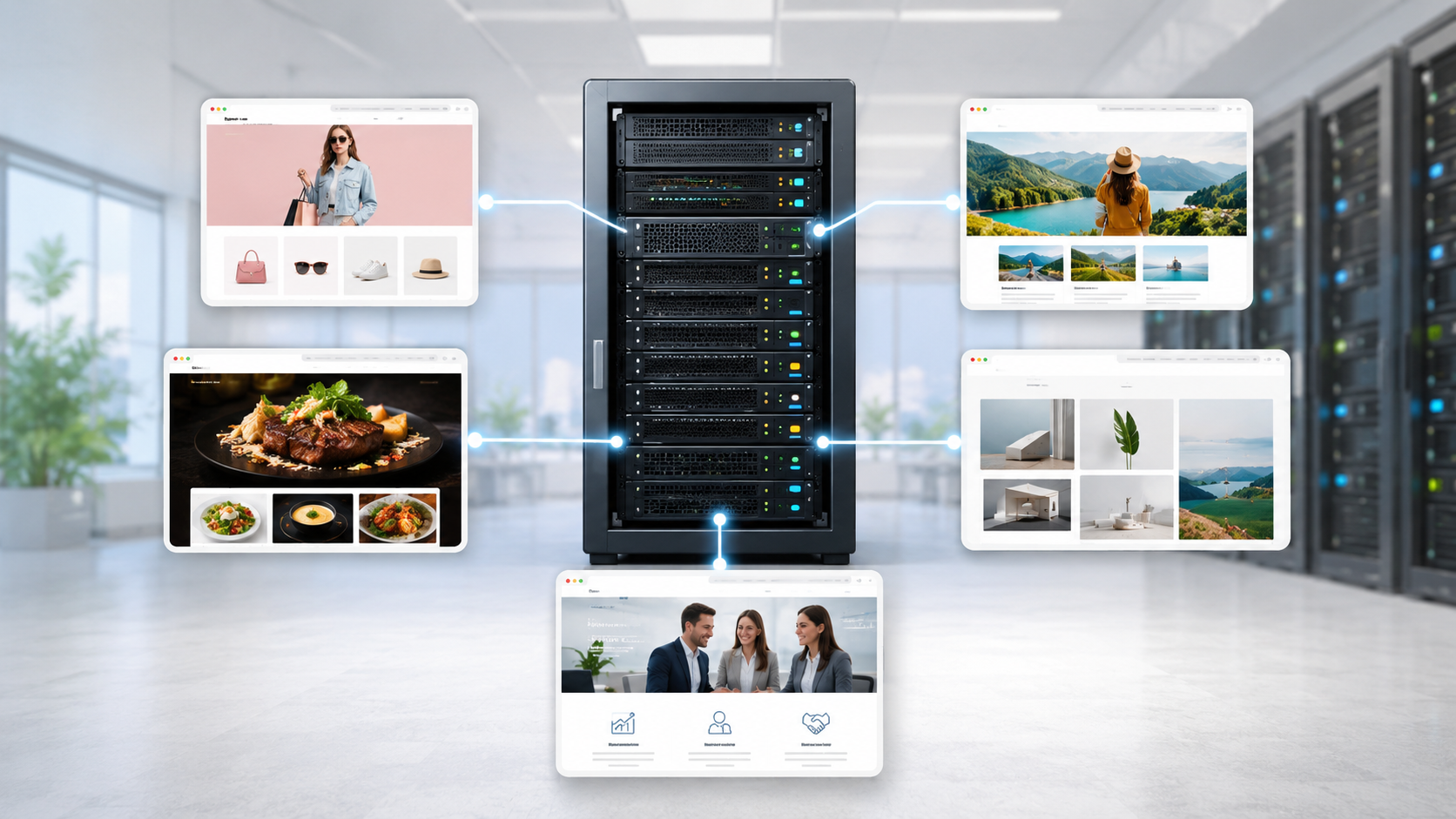 A server rack cabinet surrounded by floating website mockups, where one heavy green video site chokes the data connection lines of its neighbors.