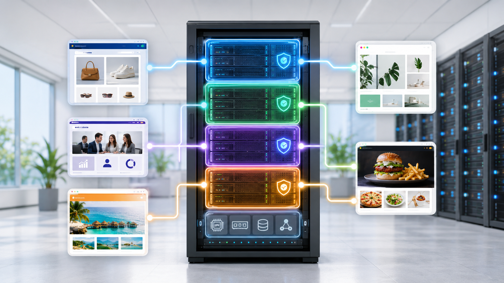A central server rack cabinet horizontally partitioned into four distinct color-coded virtual zones with shield icons, connected by matching data lines to five floating website browser windows in a bright, daylight-lit technical workspace.