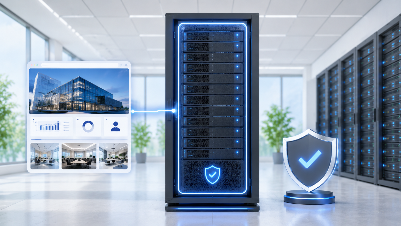 A single enterprise server rack enclosed in a glowing blue border, connected exclusively to one large corporate website mockup, with a 3D security shield standing nearby in a bright data center.