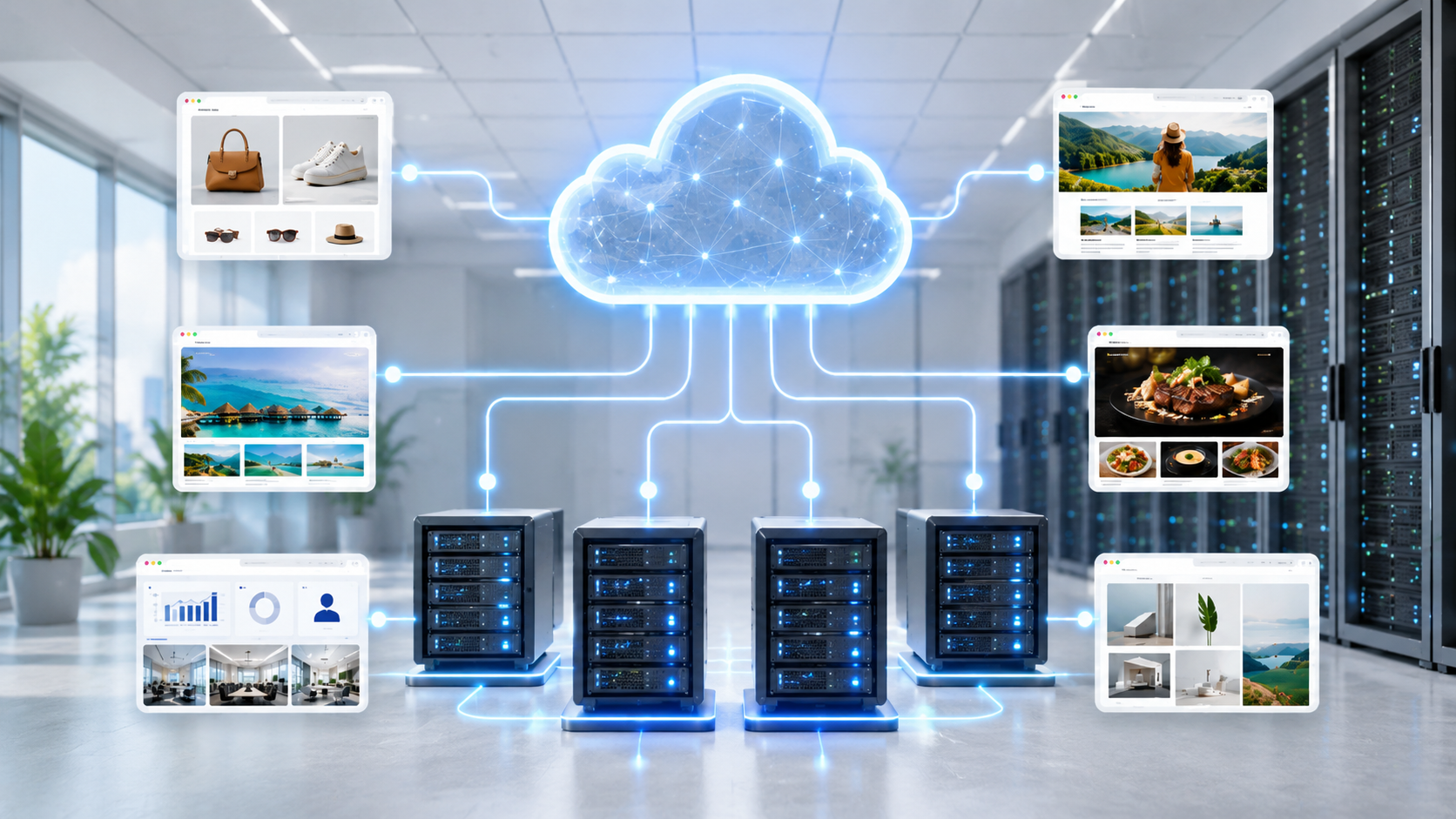 A glowing digital cloud network icon connected by bright blue data lines to four physical server nodes below and five floating website mockups around it in a modern, sunlit data center.