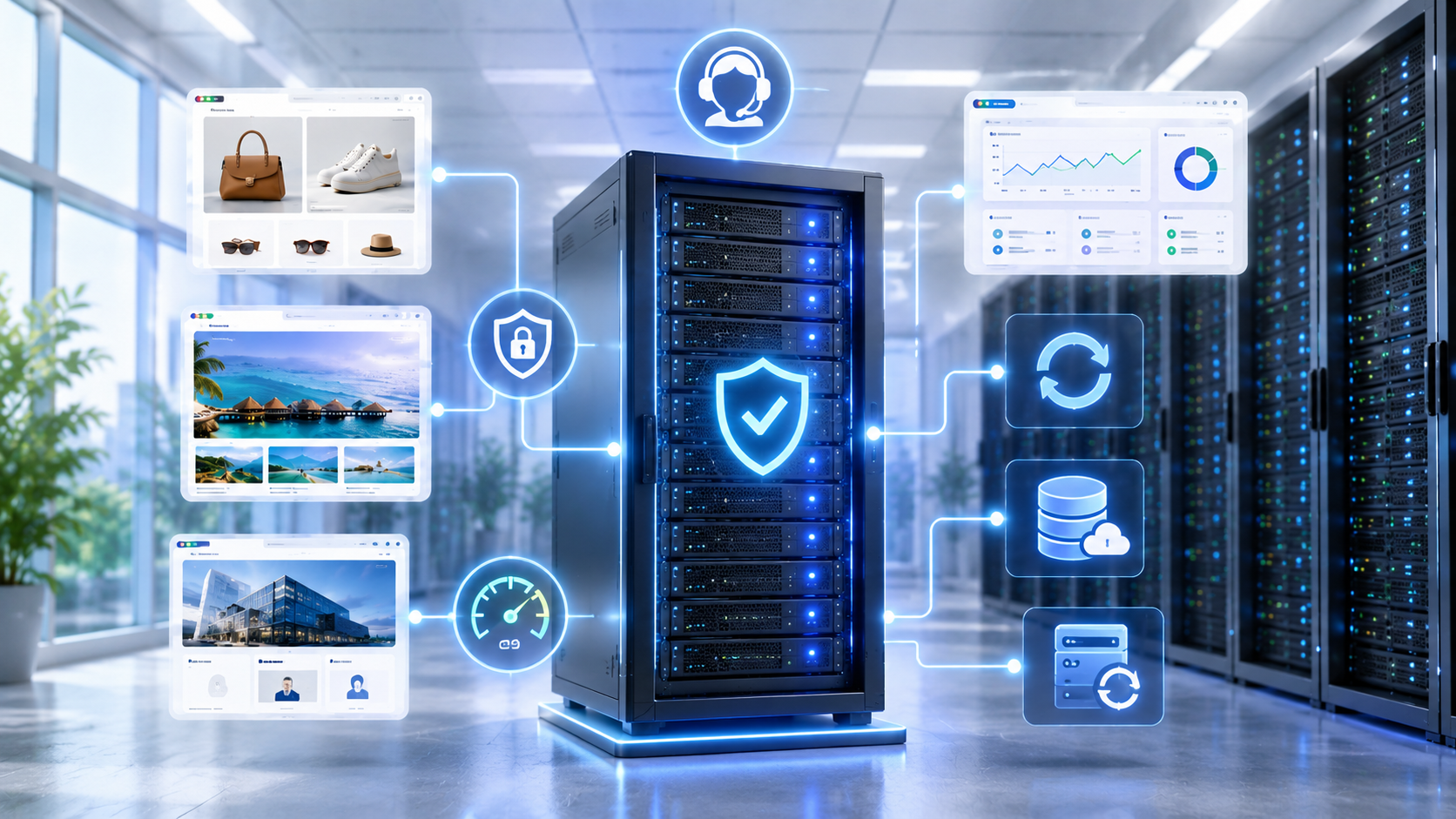 A central server rack cabinet in a bright data center surrounded by glowing blue operational icons for technical support, security, performance, and automated backups, connected to floating website mockups.