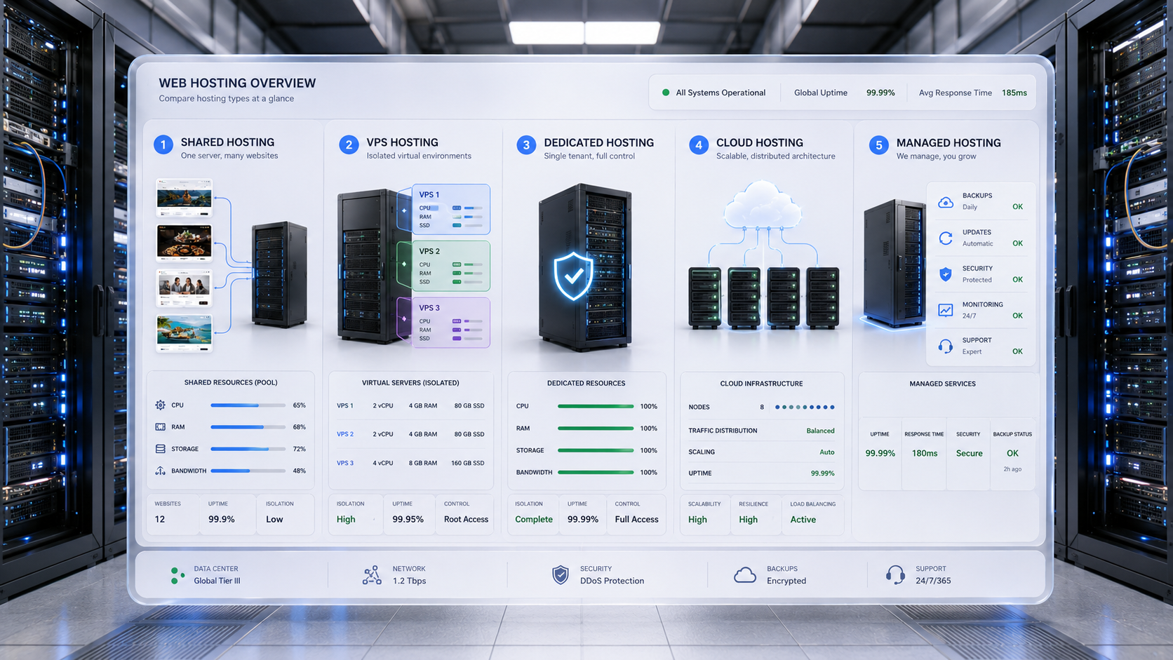 A detailed digital dashboard overlaid in a realistic data center, displaying a side-by-side comparison of Shared, VPS, Dedicated, Cloud, and Managed hosting types with specific server diagrams, resource allocations, and uptime metrics.