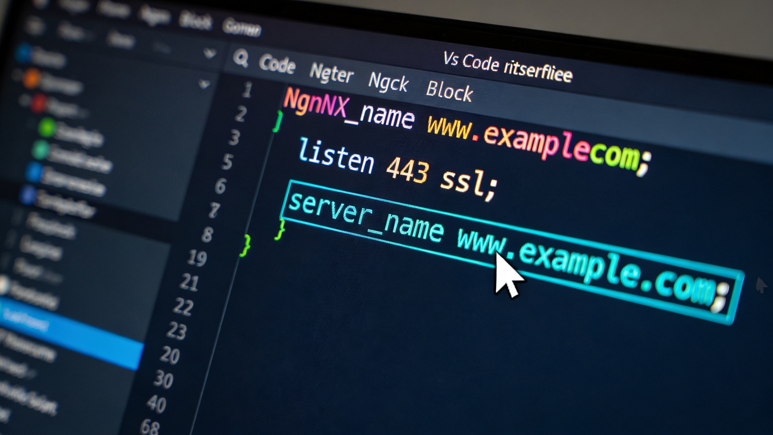 A close-up of a code editor displaying an Nginx server block, highlighting the server_name directive.