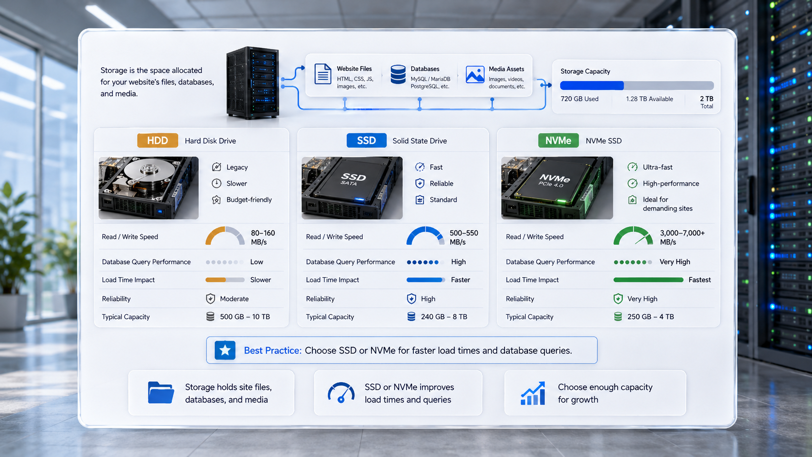 A detailed digital dashboard in a modern data center comparing HDD, SSD, and NVMe server storage types side-by-side, highlighting the significant read and write speed advantages of SSD and NVMe drives over legacy HDDs.