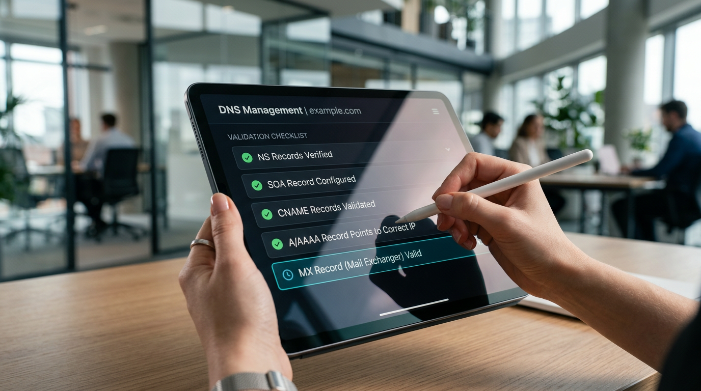 A close-up of an analyst using a stylus on a tablet to check off a DNS record validation checklist, specifically highlighting A and MX records.