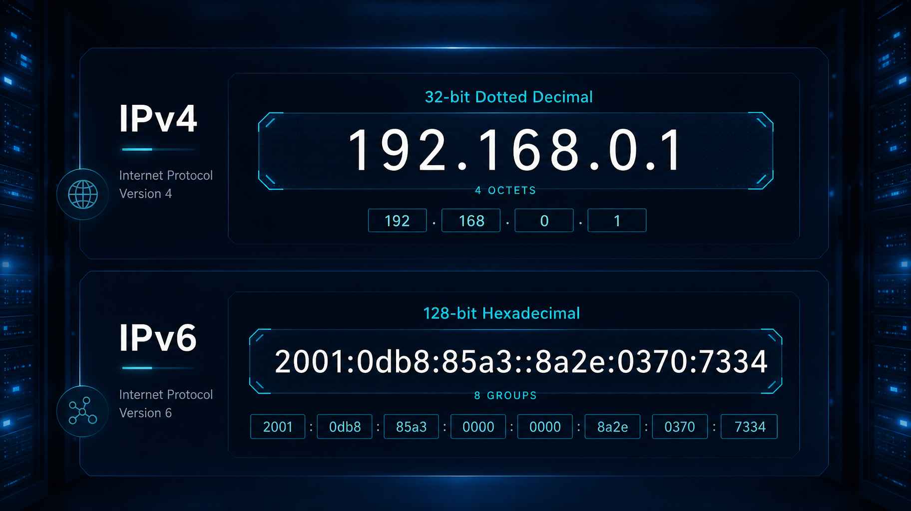A technical diagram comparing the dotted decimal format of an IPv4 address with the hexadecimal format of an IPv6 address.