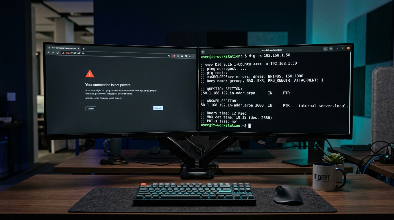 A web browser displaying an SSL certificate mismatch error next to a terminal window running the 'dig' command.