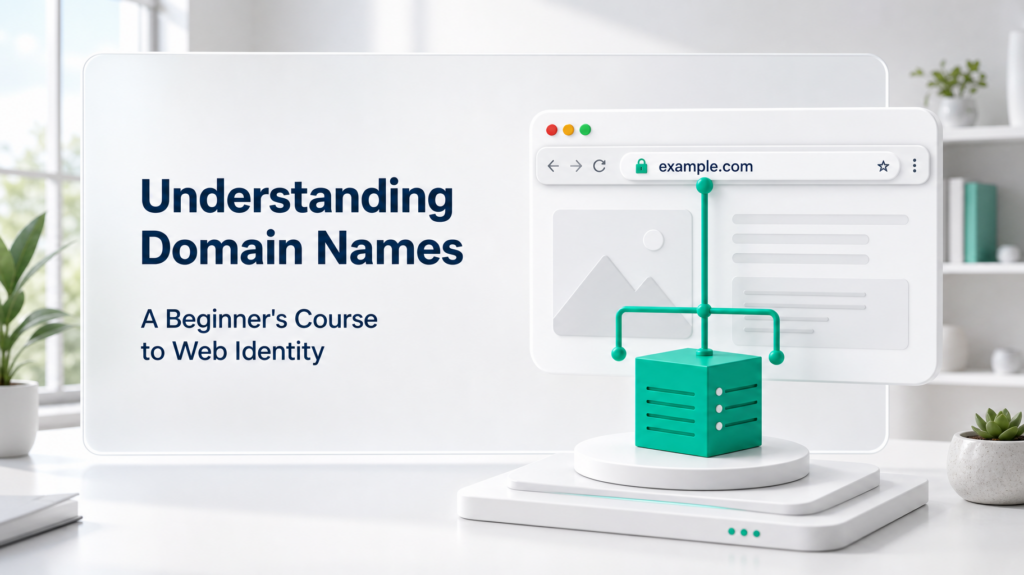 A bright white presentation board displaying the text "Understanding Domain Names" alongside minimalist 3D icons representing web URLs, DNS routing, and digital identity.