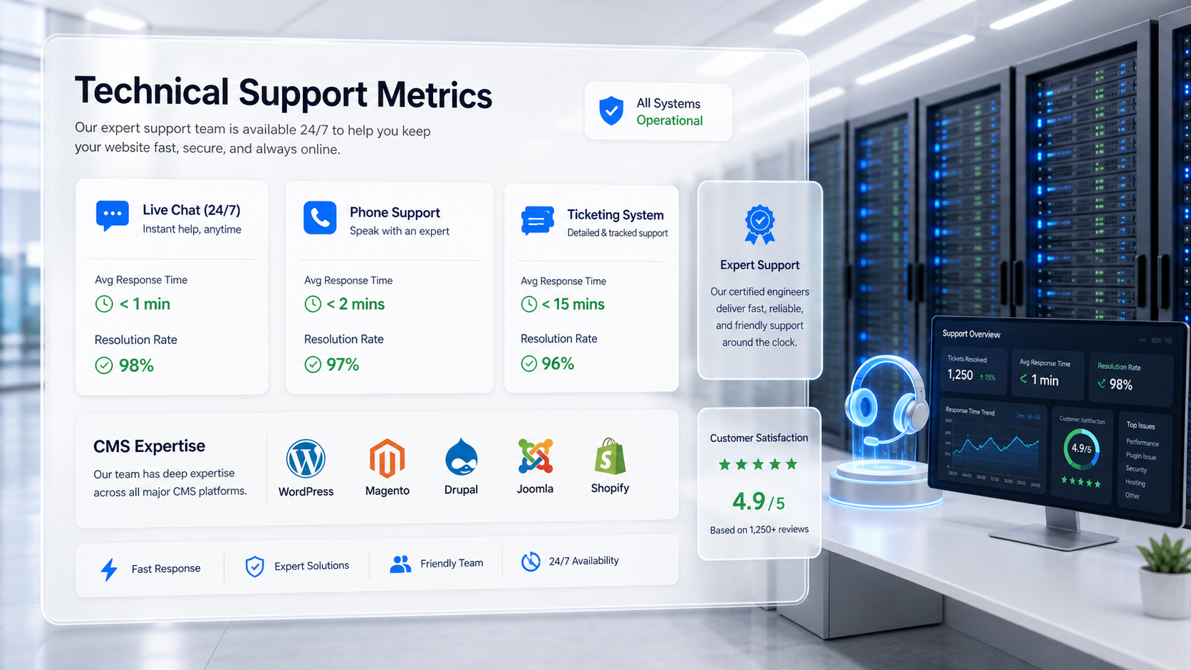 A data center dashboard displaying technical support metrics, showing 24/7 availability across live chat, phone, and ticketing, along with rapid response time stats and CMS expertise badges.