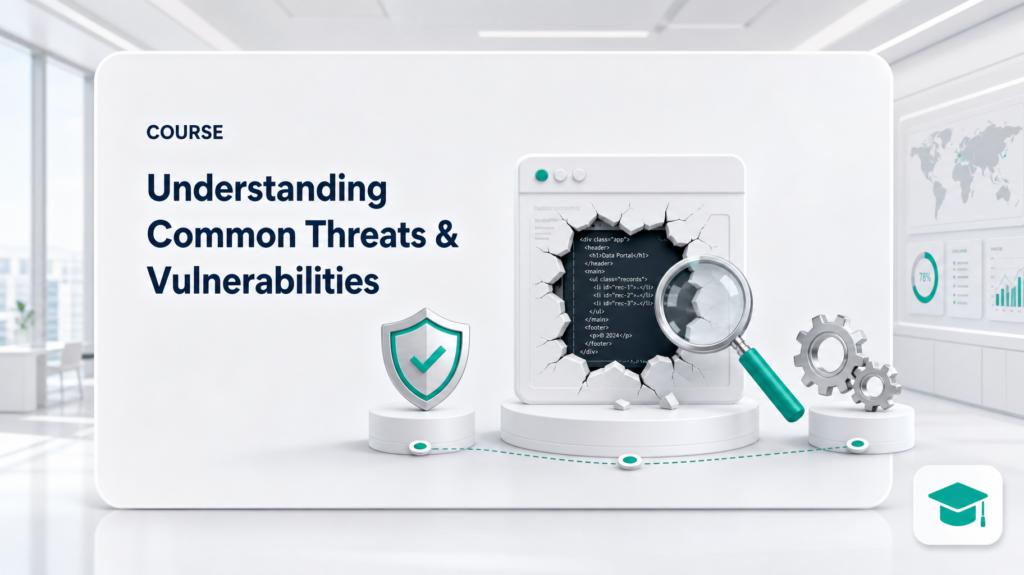 A bright white presentation board in a modern diagnostics lab displaying the text "Understanding Common Threats & Vulnerabilities" alongside clean 3D icons representing exposed code being inspected by a diagnostic magnifying glass and secured by a shield.