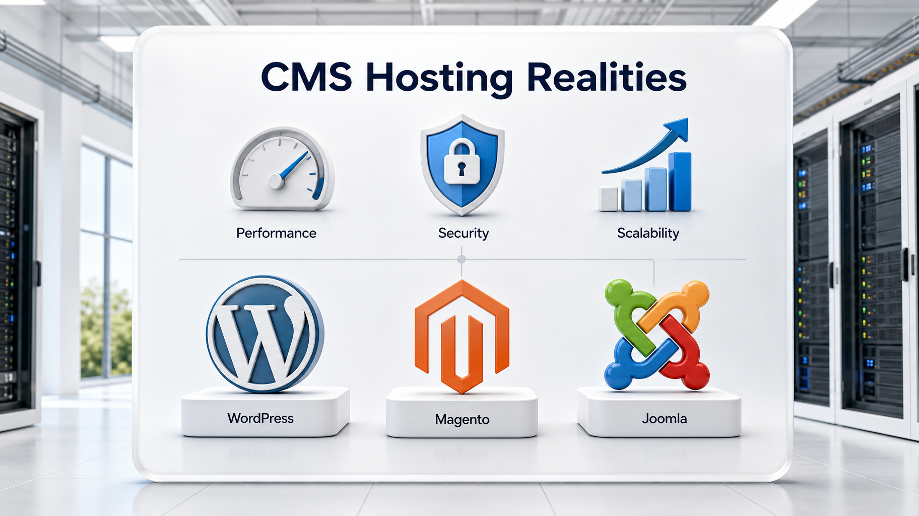 A bright white presentation board in a modern data center displaying 3D logos for WordPress, Magento, and Joomla below icons representing performance, security, and scalability.