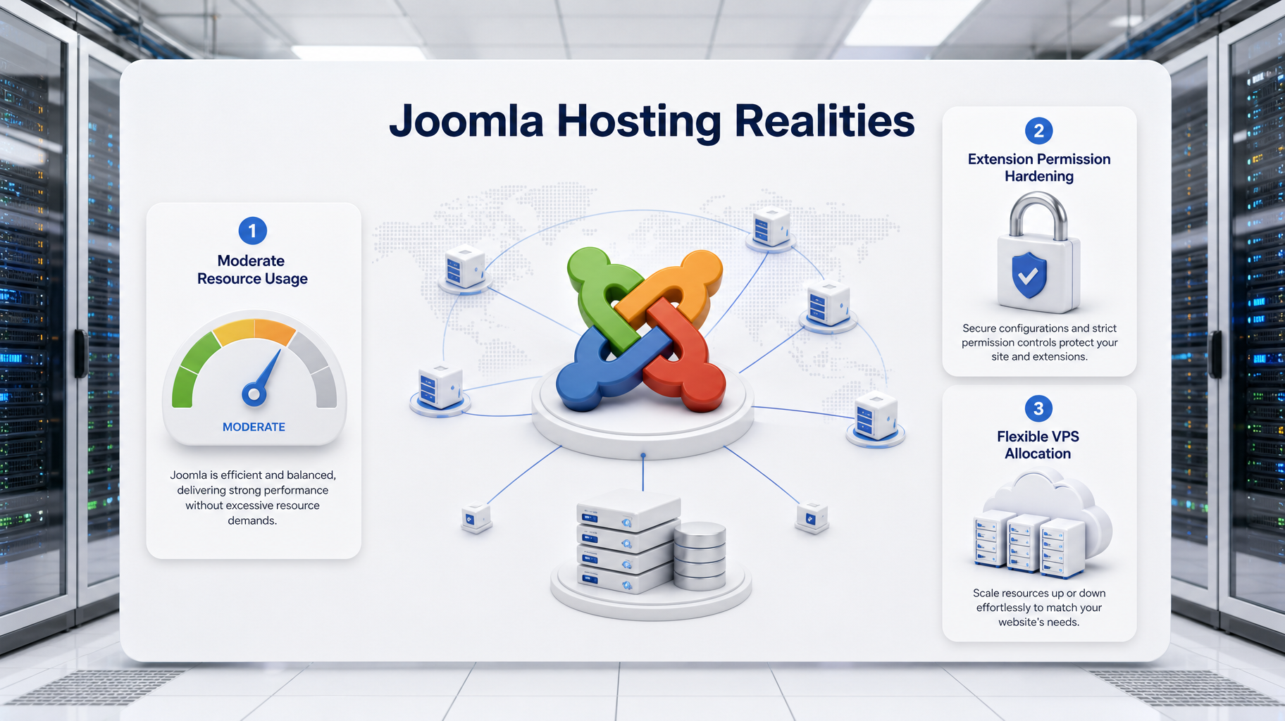 A clean white dashboard illustrating Joomla hosting needs, showing a 3D Joomla logo and structured data blocks, with UI cards detailing moderate resource use, extension hardening, and flexible VPS allocation.