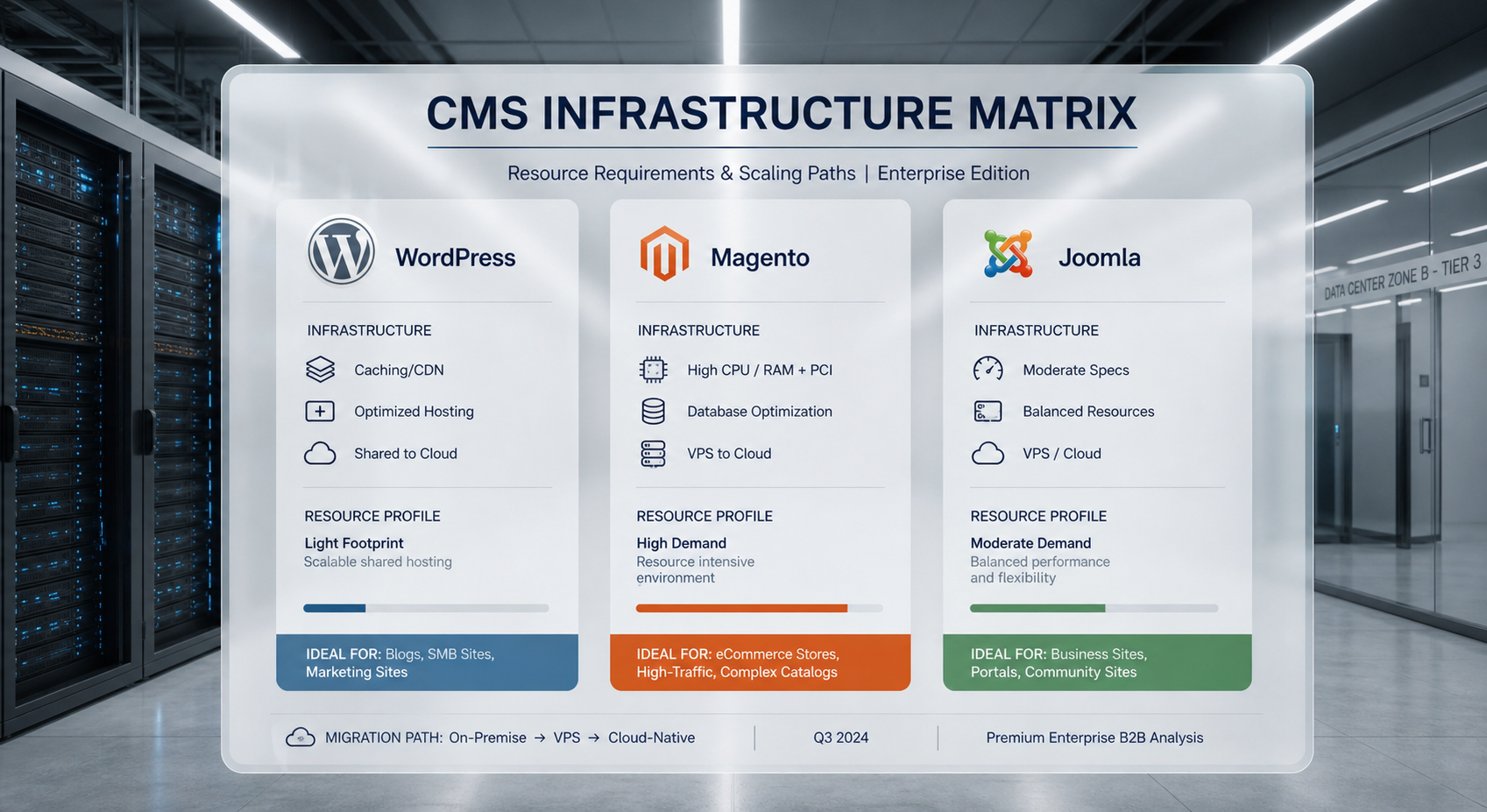 A bright 3D matrix on a white presentation board comparing WordPress, Magento, and Joomla. The columns break down the differing performance needs, security focuses, and scalability paths for each platform.