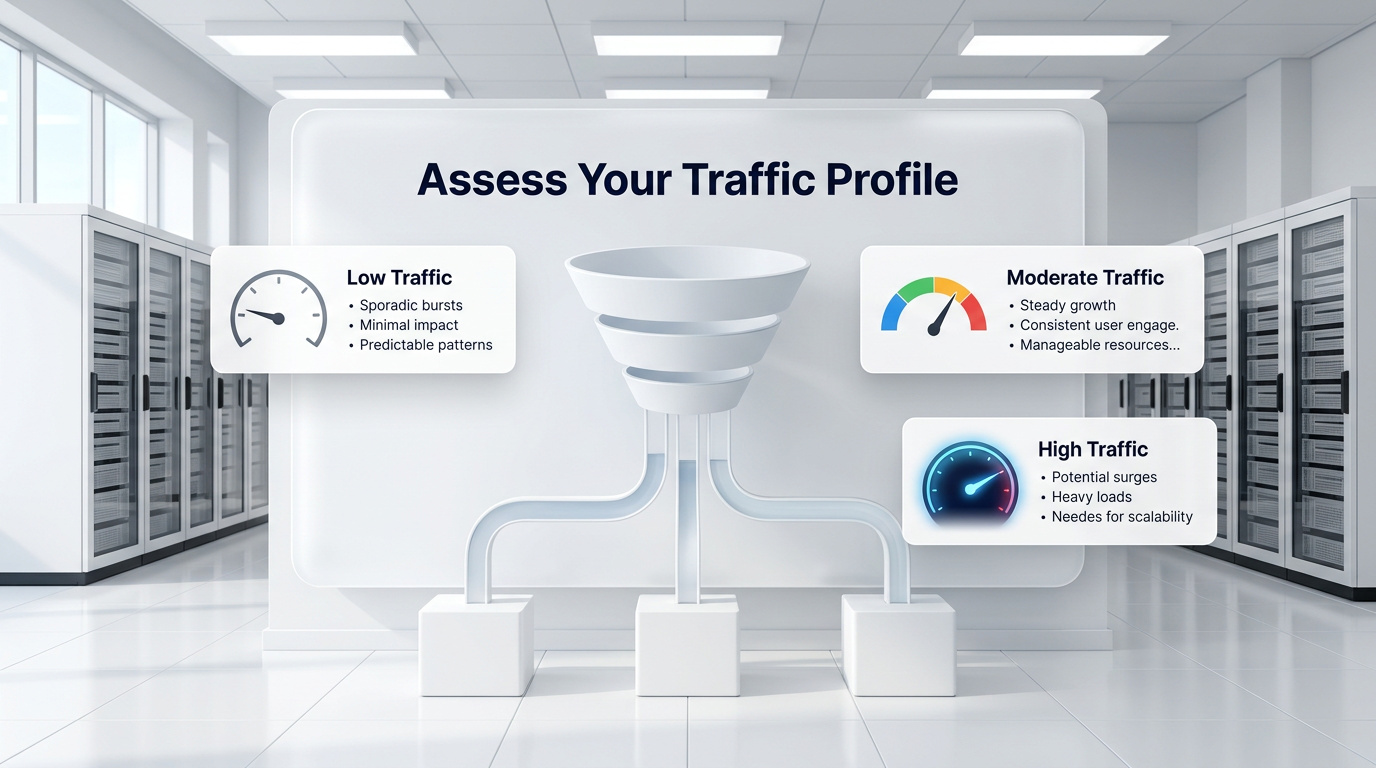 A bright white presentation board illustrating web traffic assessment, featuring a central 3D data funnel surrounded by UI cards for low, moderate, and high server traffic.