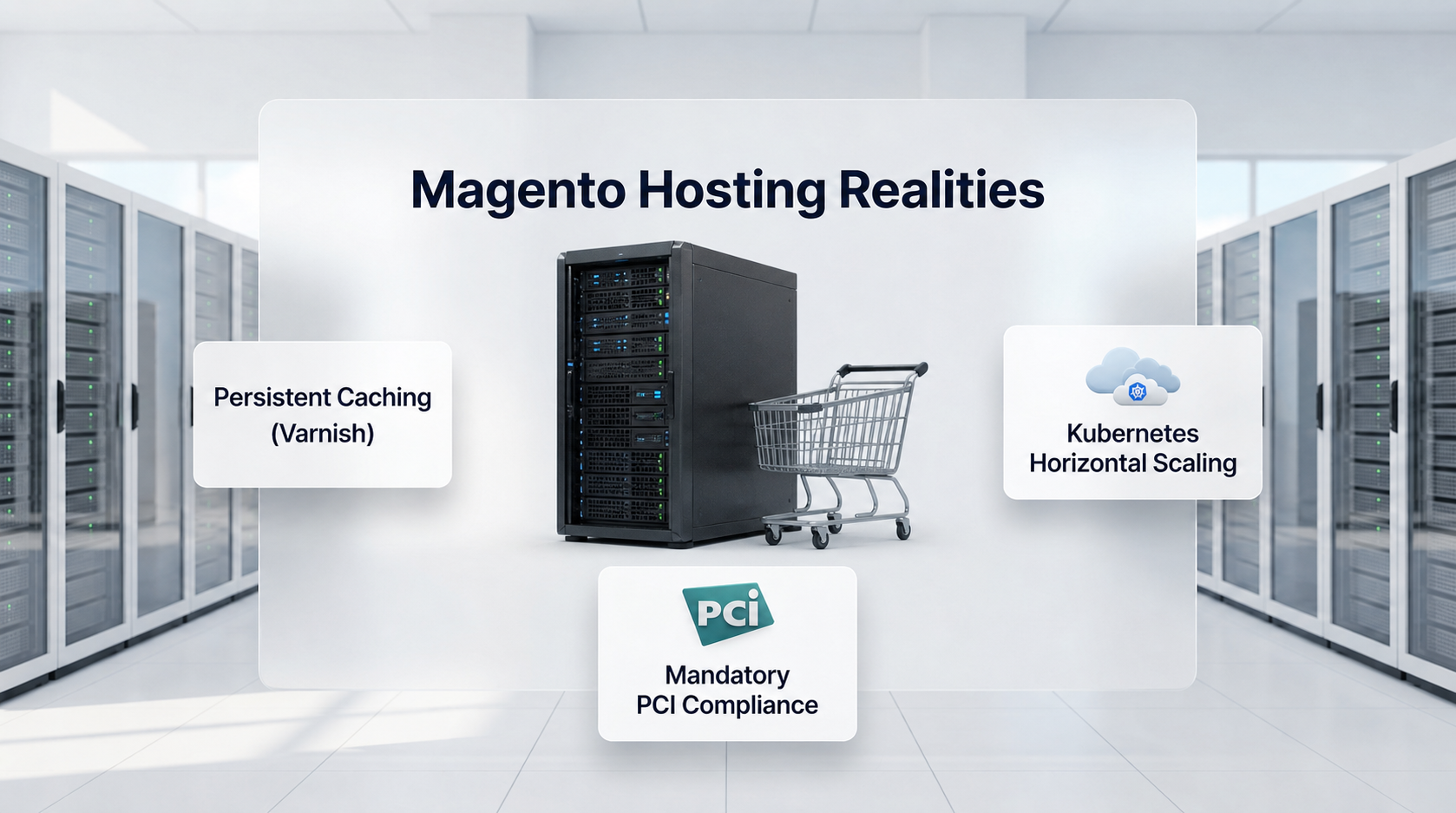 A bright white educational dashboard focusing on Magento hosting, displaying a heavy-duty 3D server rack alongside UI cards emphasizing Varnish caching, mandatory PCI compliance, and horizontal scaling.