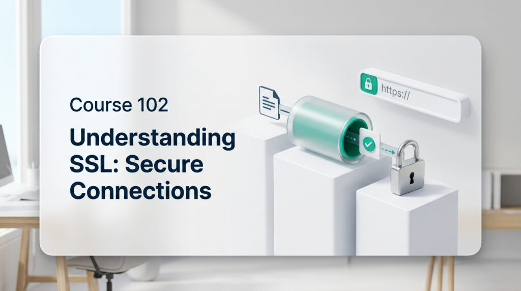 A bright white presentation board displaying the text "Course 102 Understanding SSL: Secure Connections" alongside clean 3D icons representing encrypted data paths, browser trust verification, and website security certificates set in a minimalist bright workspace.