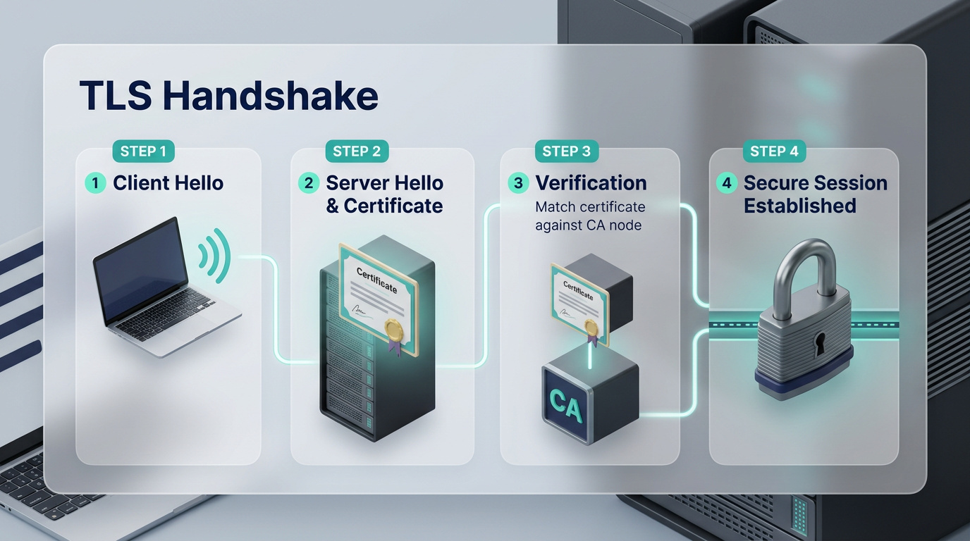 A step-by-step 3D flowchart detailing the TLS Handshake process between a browser and a server.