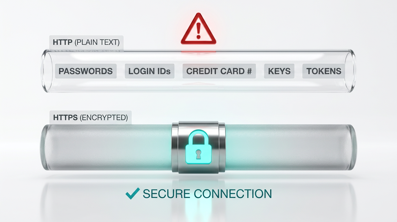 A 3D comparison of an exposed HTTP data pipe versus an armored, encrypted HTTPS data pipe.