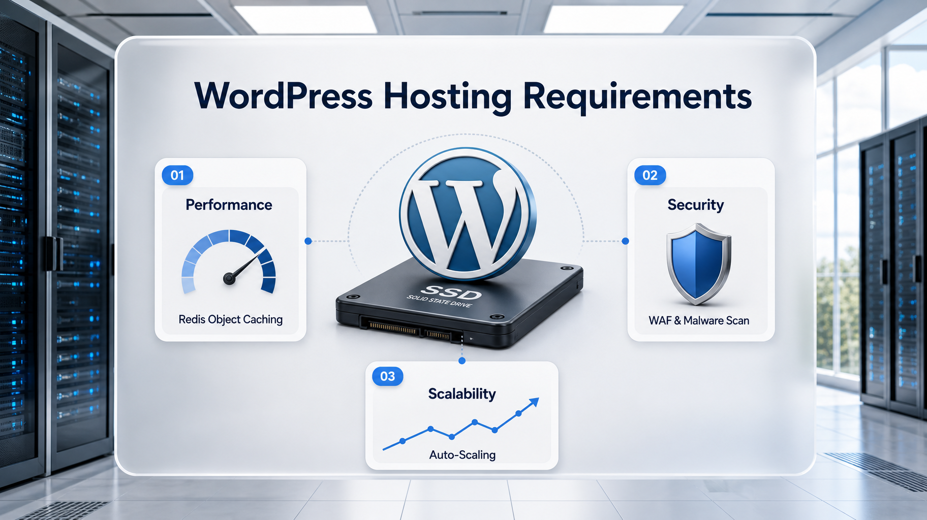 A clean white dashboard highlighting WordPress hosting requirements, featuring a 3D WordPress logo on an SSD drive, surrounded by UI cards for Redis Caching, WAF Security, and Auto-Scaling.
