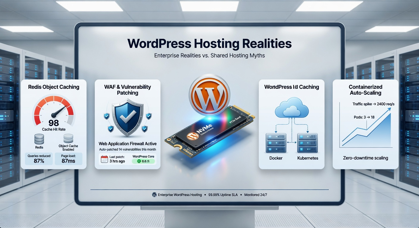 A clean white dashboard highlighting WordPress hosting realities, featuring a 3D WordPress logo on an NVMe drive, surrounded by UI cards for Redis Caching, WAF protection, and Auto-Scaling.