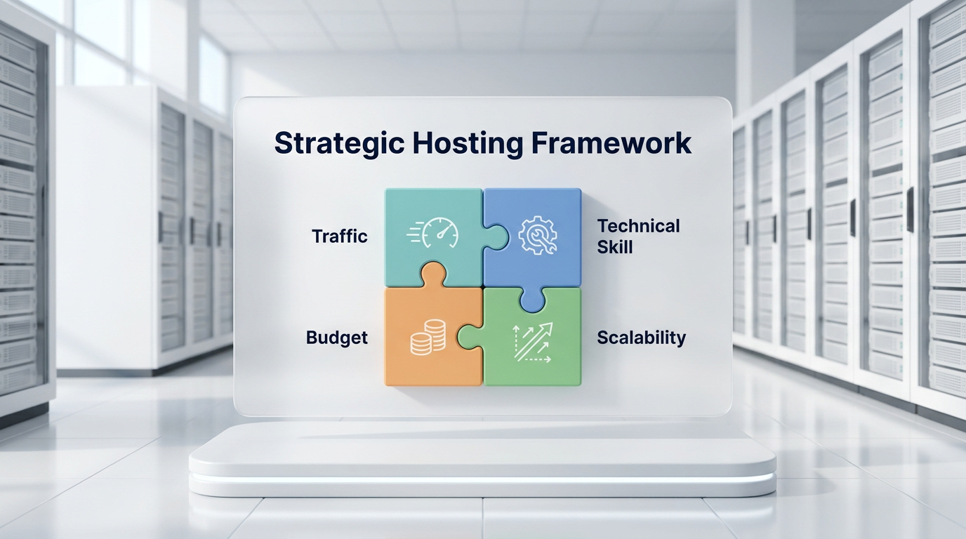 A bright white presentation board in a data center displaying a strategic hosting framework, featuring four 3D puzzle pieces locking together to represent traffic, technical skill, budget, and scalability.