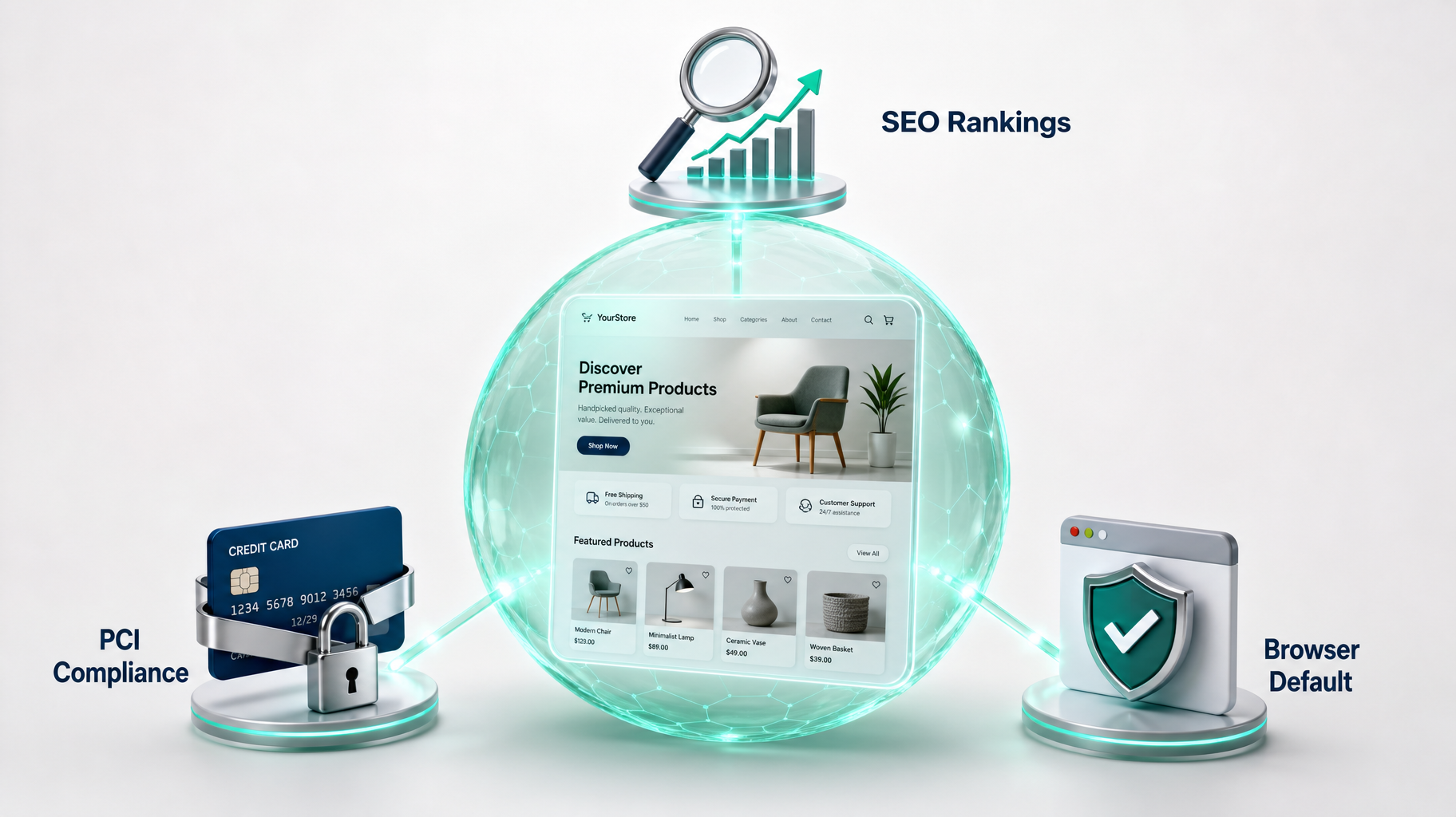 A 3D visualization showing a protected website wireframe connected to icons representing SEO rankings, PCI compliance, and browser enforcement.