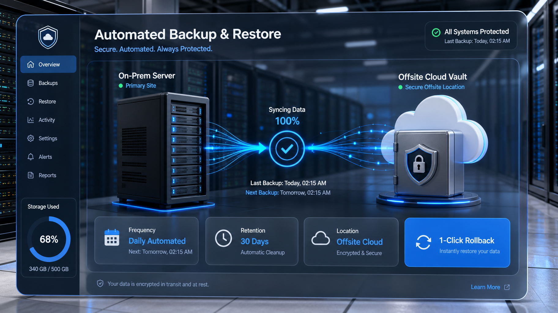 A data center dashboard visualizing an automated backup process, showing data syncing from a server to an offsite cloud vault, with metrics for daily frequency, 30-day retention, and 1-click restore.