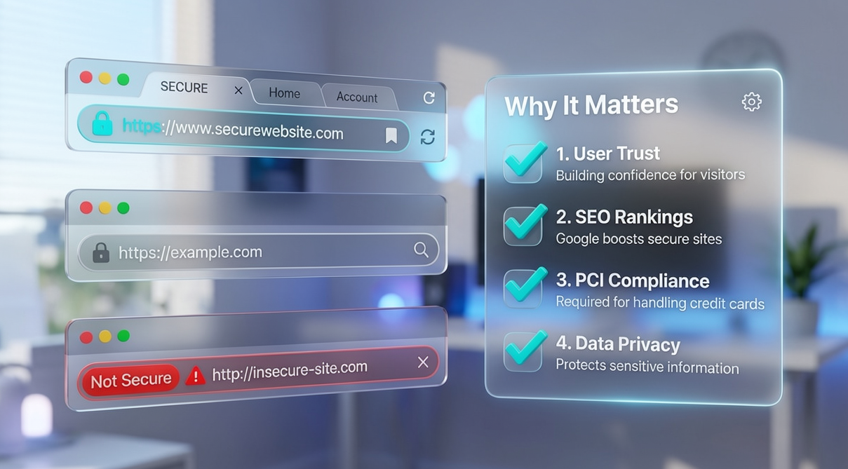 A 3D comparison of an exposed HTTP data pipe versus an armored, encrypted HTTPS data pipe.