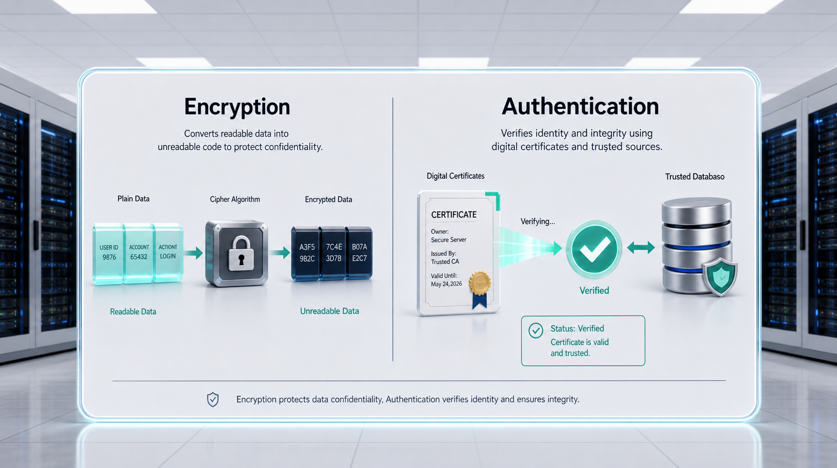 A comparative 3D UI panel breaking down the differences between data encryption and server authentication in TLS protocols.