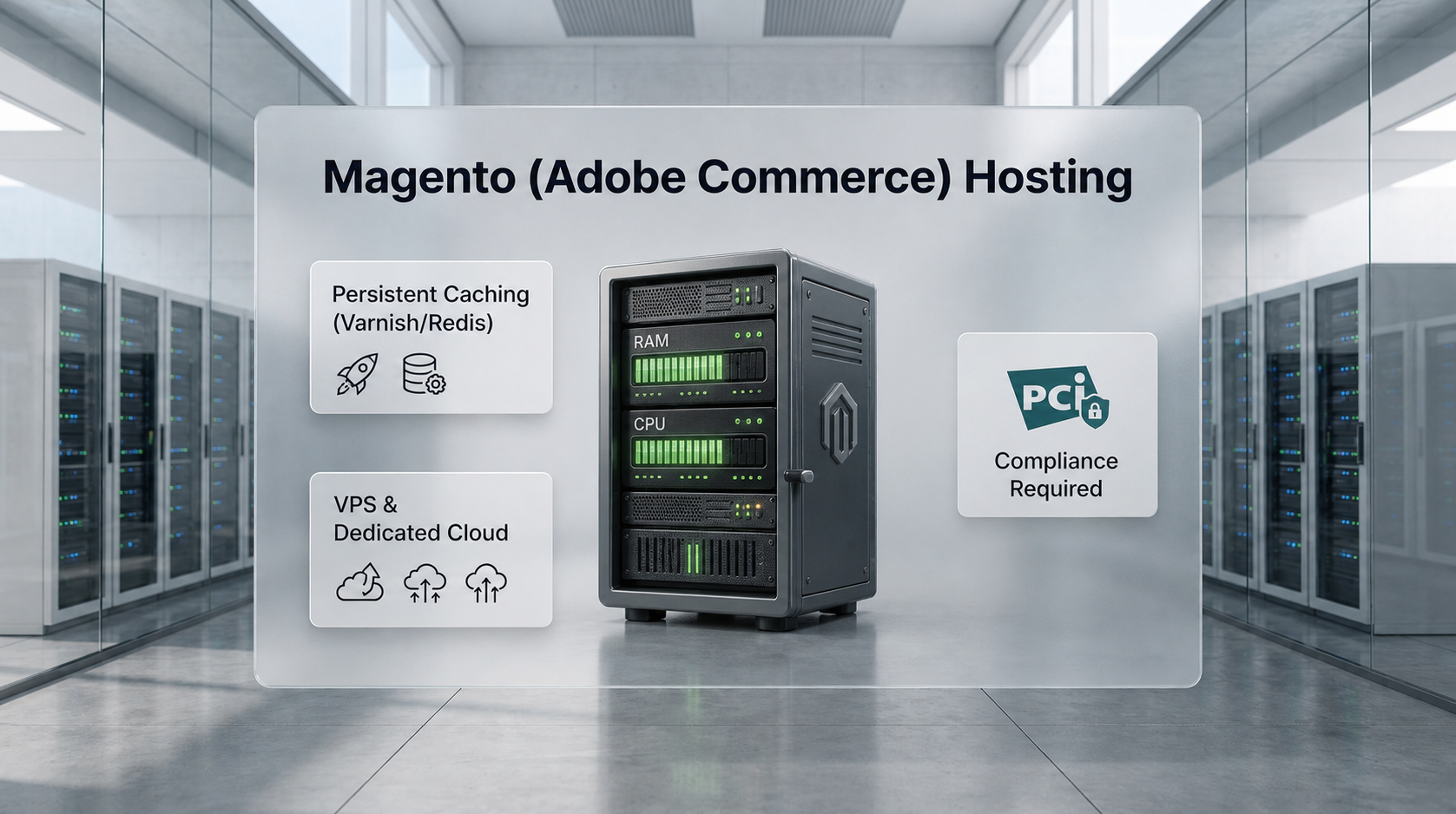 A bright white educational dashboard focusing on Magento hosting. It displays a heavy-duty 3D server rack and a shopping cart, alongside UI cards emphasizing high RAM/CPU, Varnish caching, and mandatory PCI compliance.