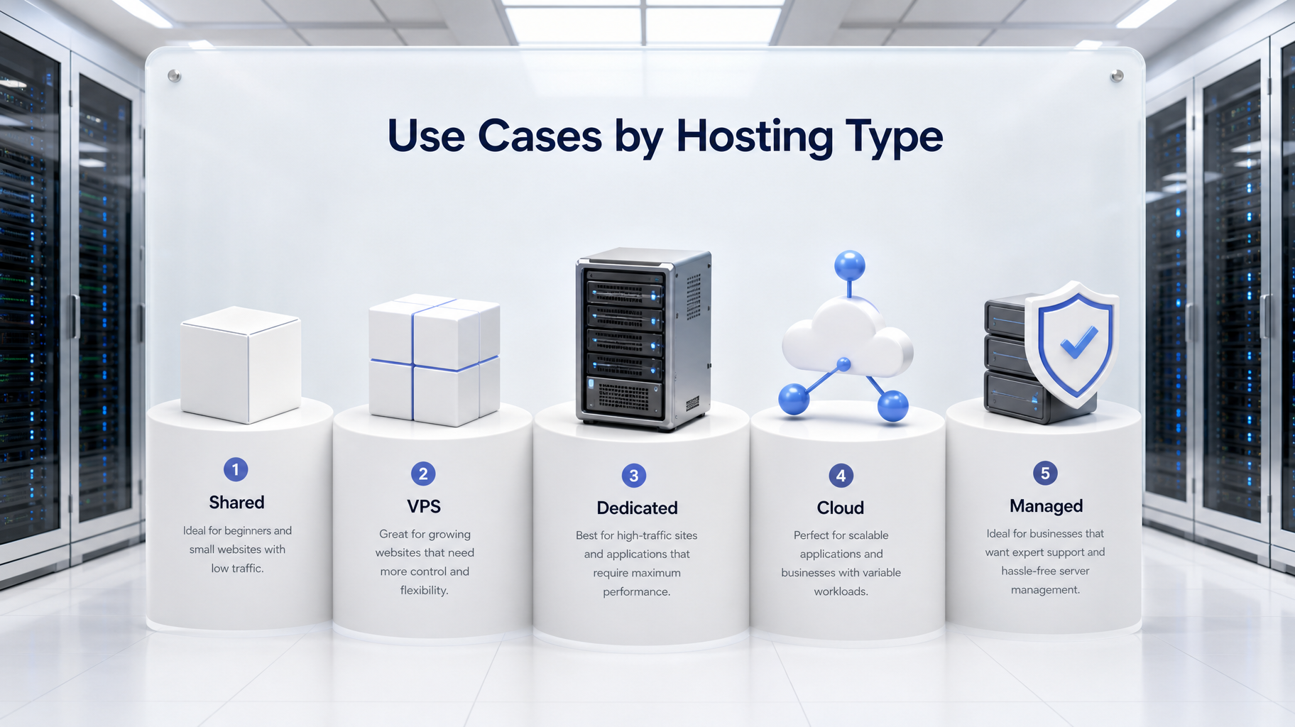 A pristine white presentation board displaying five UI pedestals with 3D icons representing shared, VPS, dedicated, cloud, and managed hosting use cases.