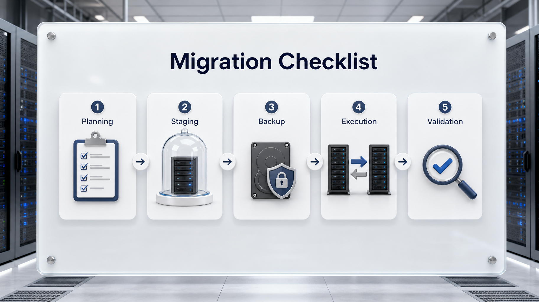 A white frosted glass board illustrating a server migration checklist, featuring a 3D pathway connecting UI cards for planning, staging, backup, execution, and validation.