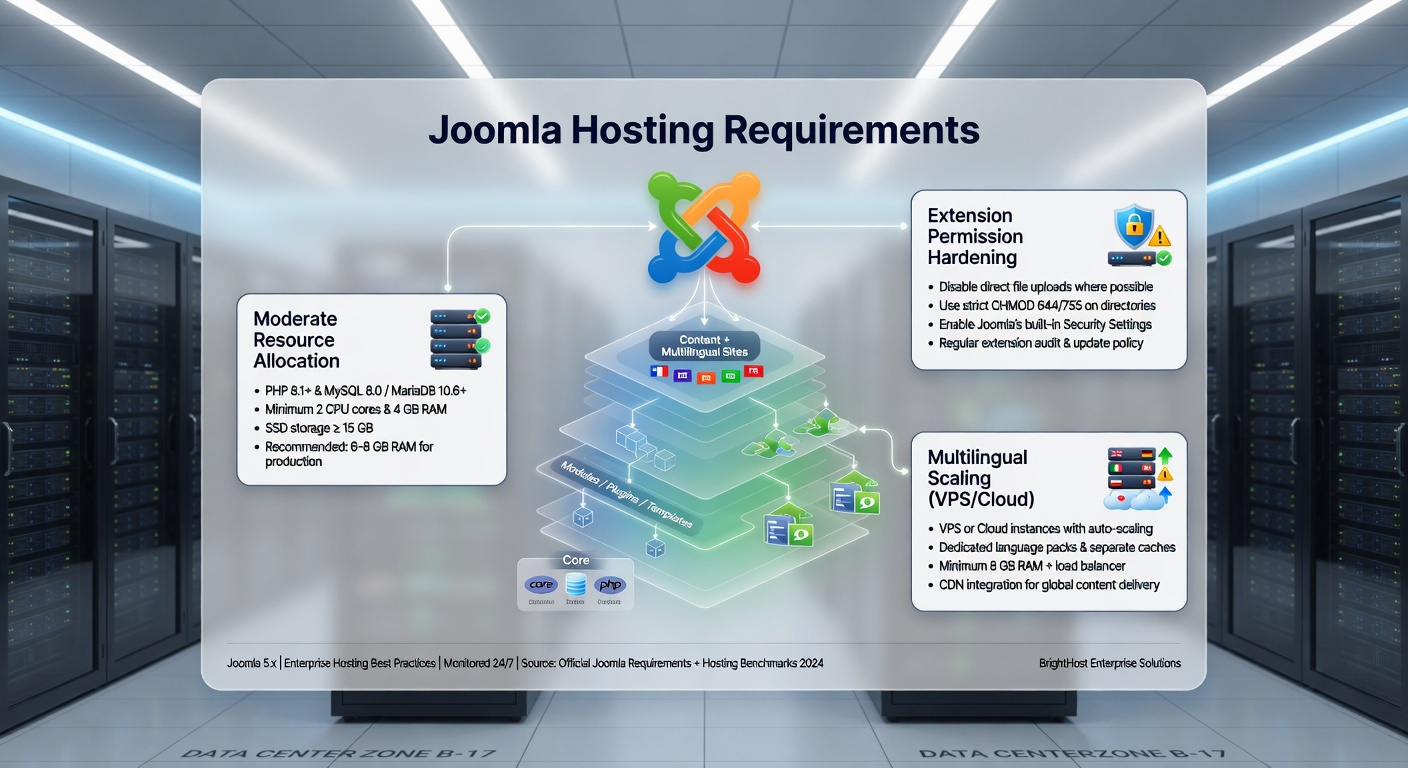 A clean white dashboard illustrating Joomla hosting needs, showing a 3D Joomla logo and a structured content tree, with UI cards detailing moderate resource use, extension security, and VPS scaling.