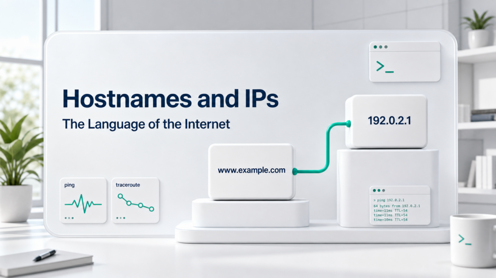 A bright white presentation board displaying the text "Hostnames and IPs" and "The Language of the Internet" alongside clean 3D icons representing hostnames, IP addresses, and DNS translation, set in a minimalist bright workspace.
