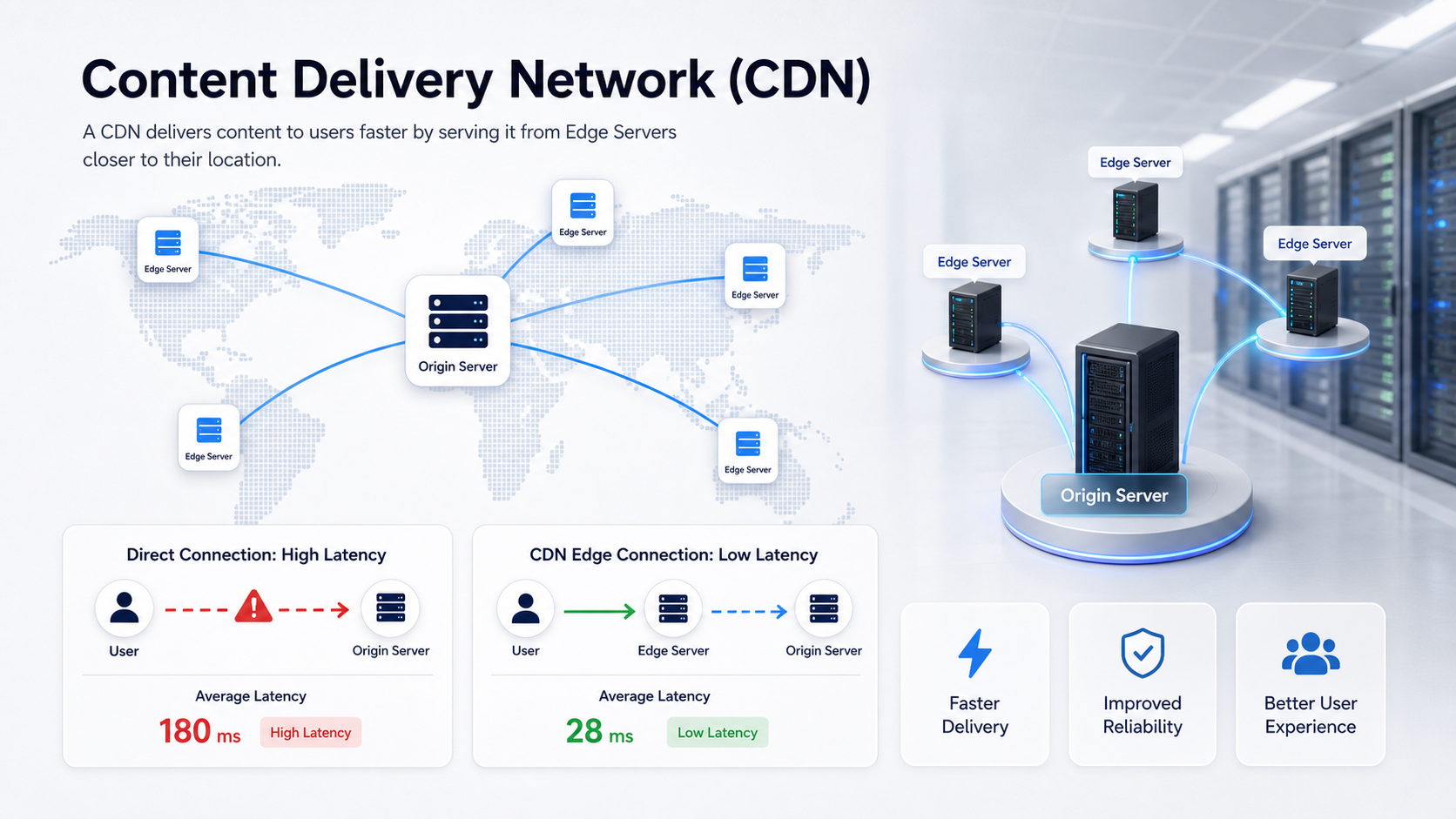 A digital dashboard displaying a world map that illustrates CDN routing. Glowing lines connect a central origin server to global edge servers, demonstrating how latency is reduced for international visitors.