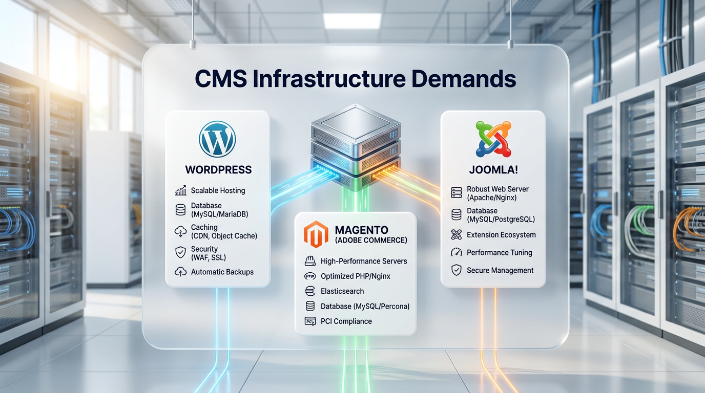 A bright white presentation board in a data center showing a central server connecting to three distinct UI cards representing WordPress, Magento, and Joomla content management systems.