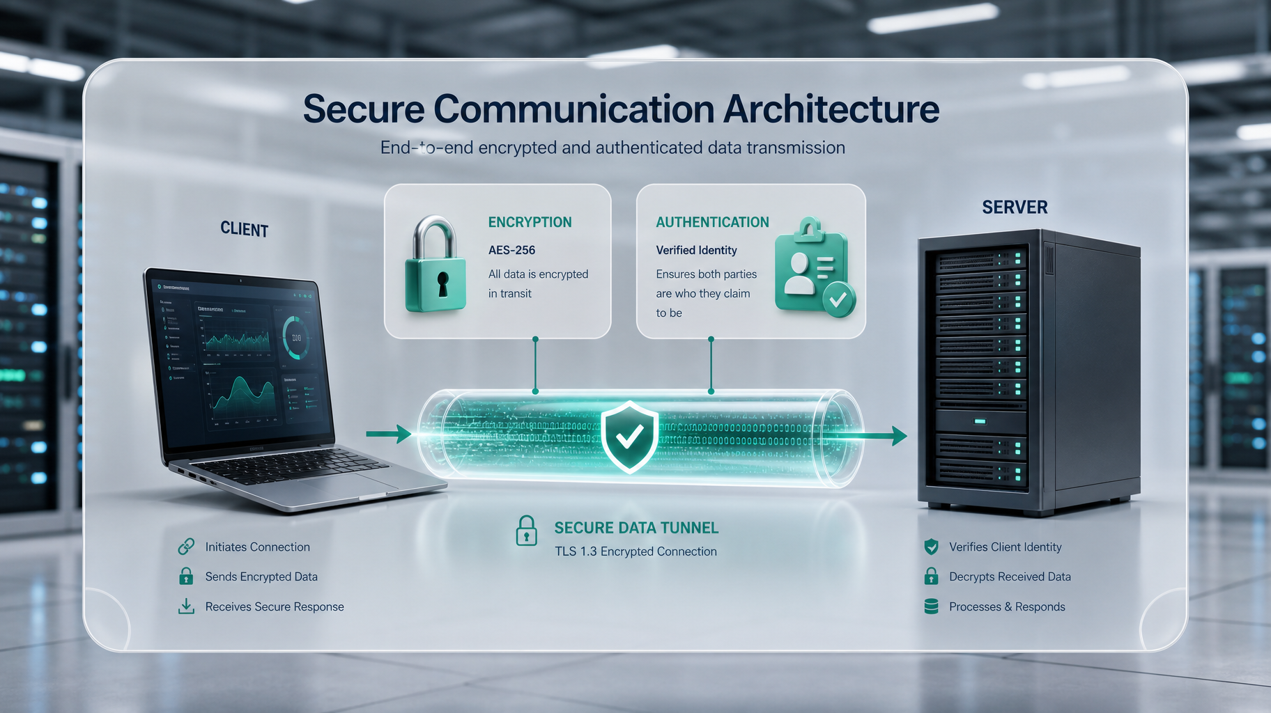 A 3D glassmorphism diagram illustrating a secure data tunnel between a client laptop and a server, highlighting encryption and authentication.